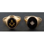 Two 9ct gold, signet rings, including a black enamel ring with Masonic compasses,