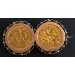 Two George V half sovereign gold coins, 1911, mounted as a brooch, total length ca.