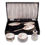 An Elizabeth II silver and enamel matched dressing table set, maker Adie Brothers, various dates,