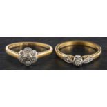 A single-cut diamond cluster ring and a round, brilliant-cut diamond single-stone ring,