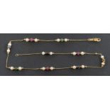 A cultured pearl and vari-coloured gemstone bead necklace, diameter of cultured pearls ca. 4-4.