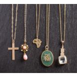 Five pendants, including a cruciform pendant, stamped '9CT'; a pendant in the shape of Africa,