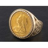 A Victoria sovereign gold coin ring, the coin dated 1901, the mount 9ct gold,