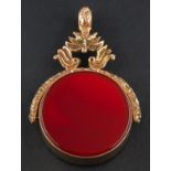 A 9ct gold, bloodstone and carnelian swivel fob, with hallmarks for Birmingham, total length ca. 4.