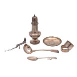 A mixed collection of silverwares, various makers and dates includes;-sugar caster, napkin rings,