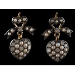 A pair of seed pearl and single-cut diamond, heart-shaped drop earrings, with bow surmount,
