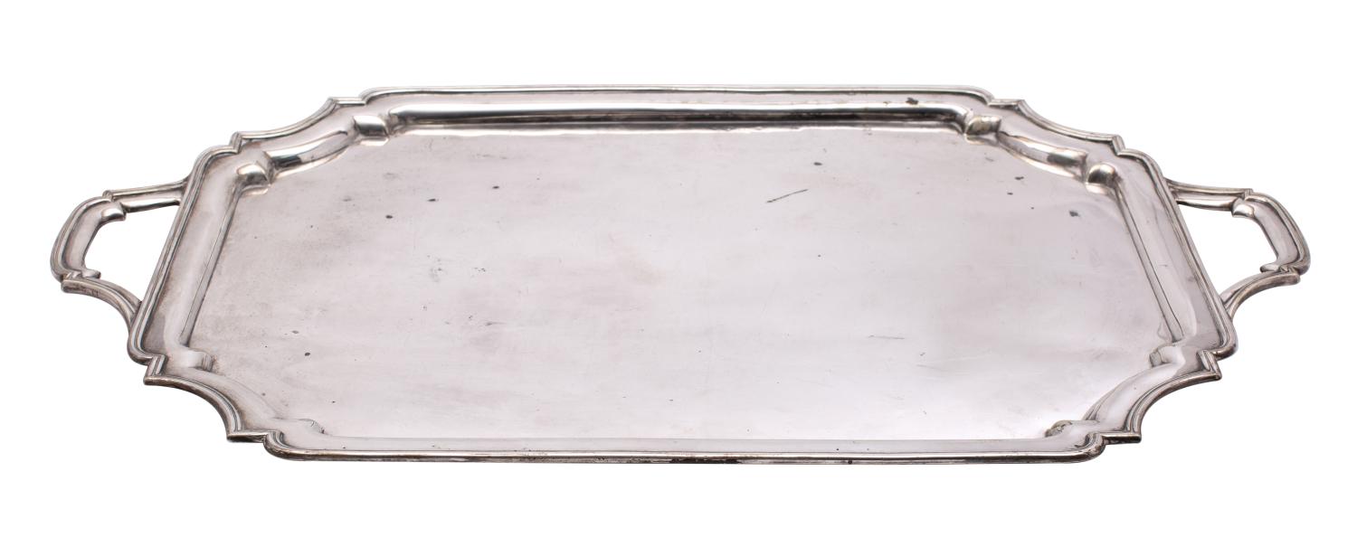A large electro-plated serving tray of rectangular outline,