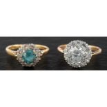 Two gemset cluster rings, including an 18ct gold blue zircon and single-cut diamond ring,