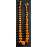 A graduated, amber bead necklace, the clasp stamped '9K', diameter of beads ca. 8.5-23.