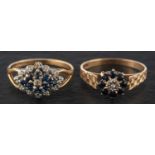 Two 9ct gold sapphire and diamond cluster rings, including one with hallmarks for London,