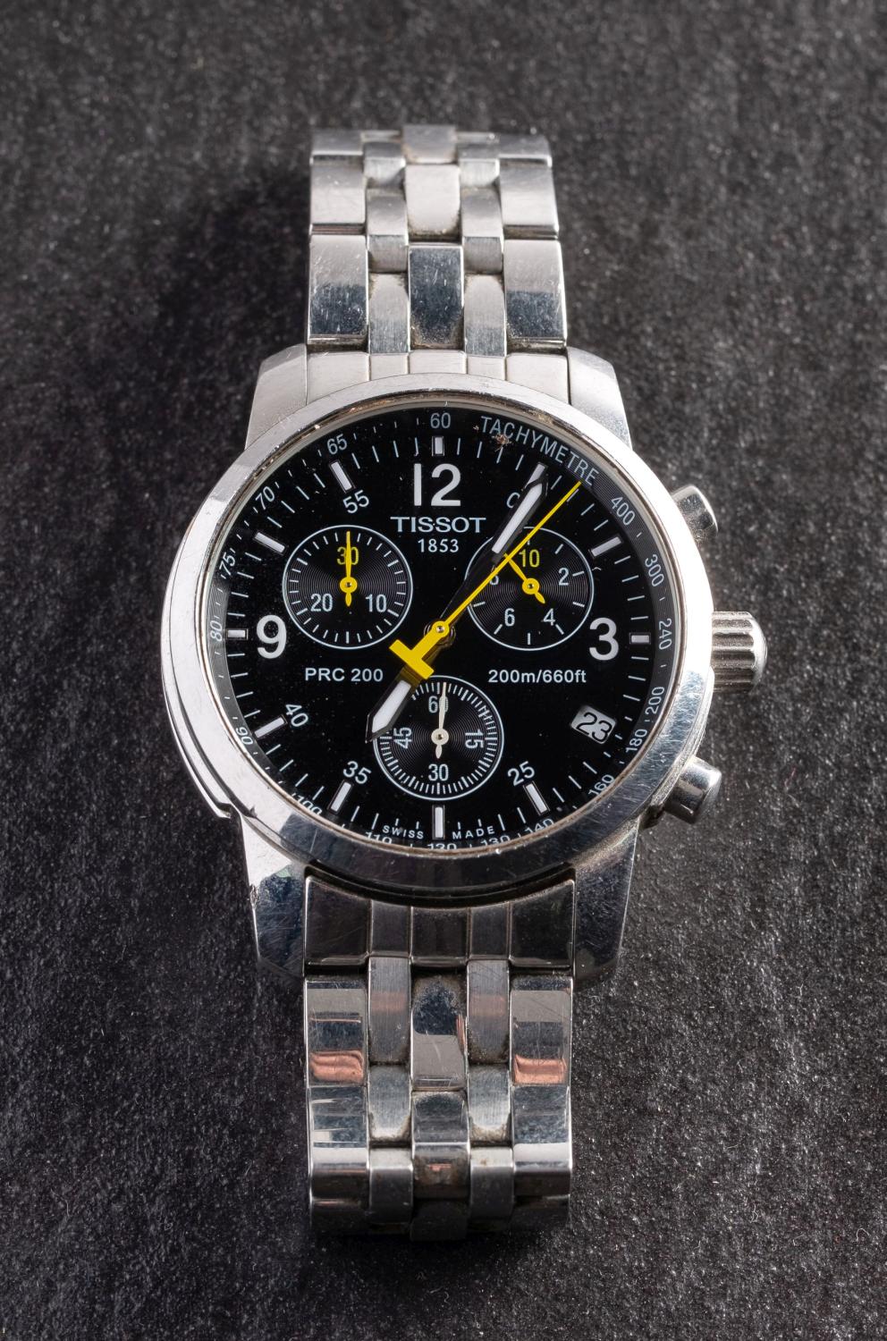 Tissot, a stainless-steel gentleman's chronograph wristwatch the black dial with three sub-dials,