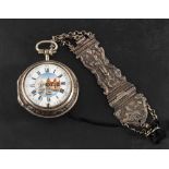 Weldon, London, a silver and enamel pair case watch with silver fob,