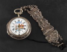 Weldon, London, a silver and enamel pair case watch with silver fob,