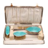 A George V silver and enamel dressing table set, maker David Moss & Co, Birmingham, 1929,