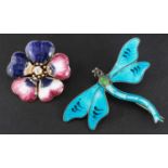 Two enamel brooches, including an Art Nouveau, silver, blue and green enamel dragonfly brooch,