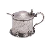 A Victorian silver mustard pot, maker Robert Harper, London, 1856 of spreading cylindrical form,