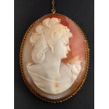 A 9ct gold, carved shell cameo brooch, depicting the bus of a lady in profile,
