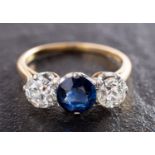 A sapphire and old-cut diamond, three-stone ring, estimated sapphire weight ca.