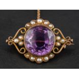 An amethyst and seed pearl brooch, estimated weight of amethyst ca.