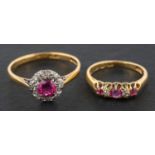 Two 18ct gold, diamond and ruby rings, including a ruby and single-cut diamond cluster ring,