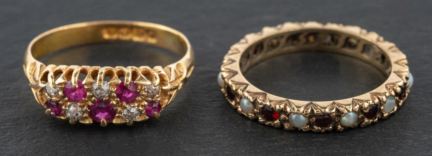 An Edwardian, 18ct gold, ruby and old-cut diamond two-row ring, total estimated diamond weight ca.