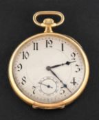 An 18ct gold open-faced pocket watch the movement having a lever escapement and stamped Swiss,