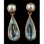 A pair of cultured pearl and pear-shaped aquamarine drop earrings,