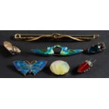 A collection of seven brooches, including, amongst others, a moth brooch,