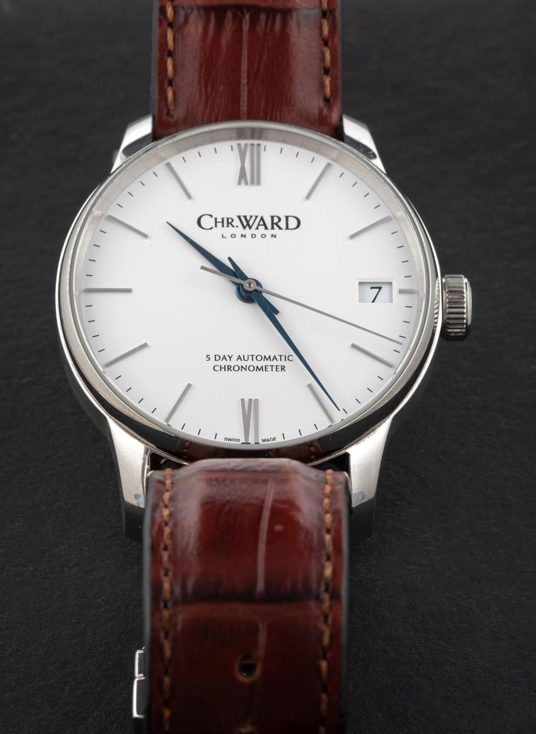 Christopher Ward stainless steel Gentleman's wristwatch the dial with baton numerals, date aperture,