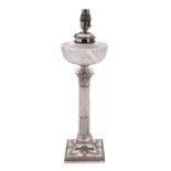 A late Victorian silver plated Corinthian column oil lamp inscribed,