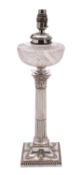 A late Victorian silver plated Corinthian column oil lamp inscribed,
