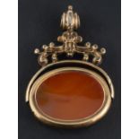 A gilt metal carnelian swivel fob, total length ca. 4.8cm.