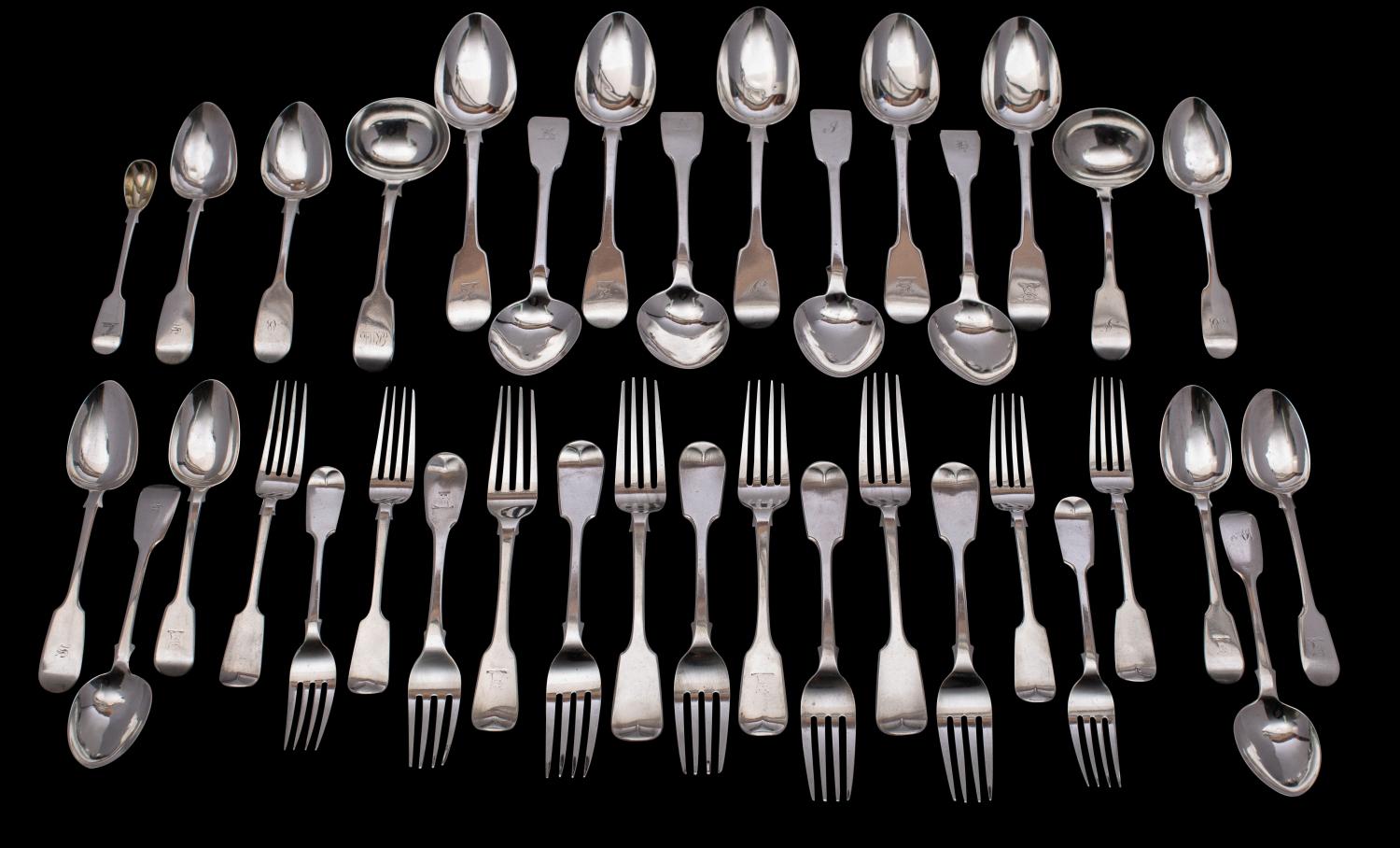 A collection of silver fiddle pattern flatwares, various makers and dates, initialled or crested,