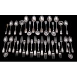 A collection of silver fiddle pattern flatwares, various makers and dates, initialled or crested,