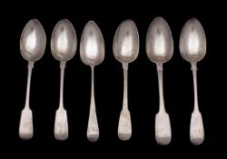 Five assorted silver Fiddle pattern tablespoons, various makers and dates initialled,