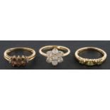 Three 9ct gold, gemset rings, including a white sapphire cluster,