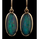 A pair of black opal triplet drop earrings, with hook fittings, total length ca. 3.