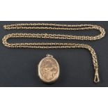 An oval, locket pendant, with engraved floral decoration, together with a belcher-link watch chain,