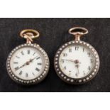 A pair of enamel ladies fob watches both with cylinder escapements to the movements and inset