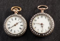 A pair of enamel ladies fob watches both with cylinder escapements to the movements and inset