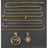 Two openwork seed pearl pendants, including a star-burst pendant, stamped '15C',