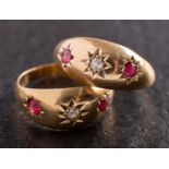 Two Edwardian, 18ct gold, old-cut diamond and ruby, gypsy-set rings,