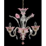 A Venetian clear and pink moulded glass three light chandelier,