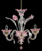 A Venetian clear and pink moulded glass three light chandelier,