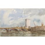 Karl Hagedorn [1889-1969]- Dismantling London Bridge, signed and dated '68 watercolour,