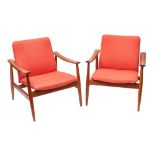 A pair of Danish teak and upholstered lounge chairs by France & Son,