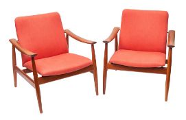 A pair of Danish teak and upholstered lounge chairs by France & Son,