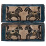 A pair of Indonesian polychrome carved wood door panels each decorated with opposing horses,