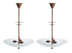 A pair of circular glass dish ceiling lights on slender and flat knopped stems, 48cm diameter.