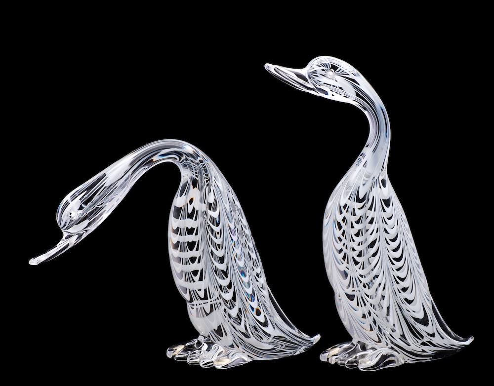 Vetreria Gino Cenedese two glass figures of Runner Ducks the clear body with combed white